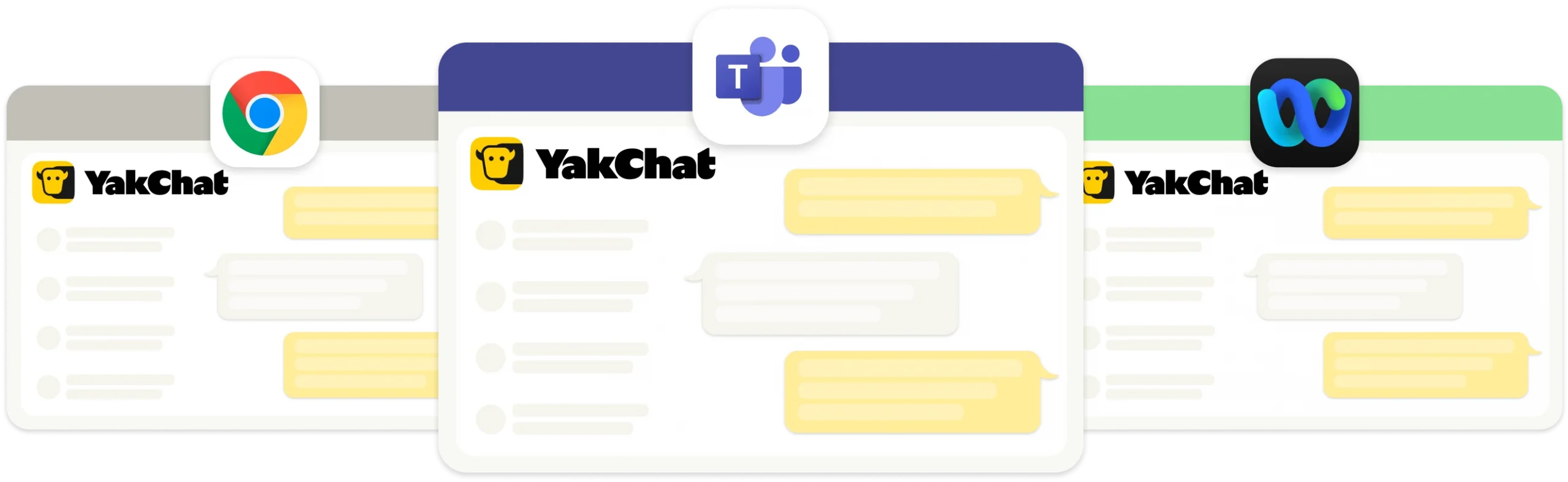 Illustration of YakChat being used in different apps