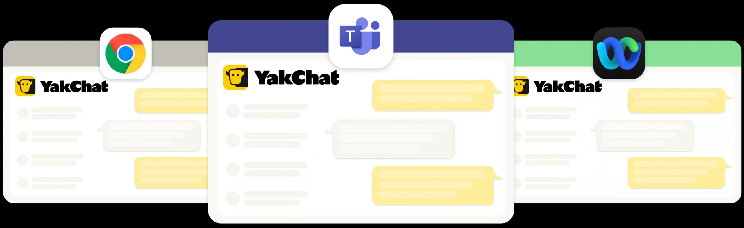 Illustration of YakChat being used in different apps