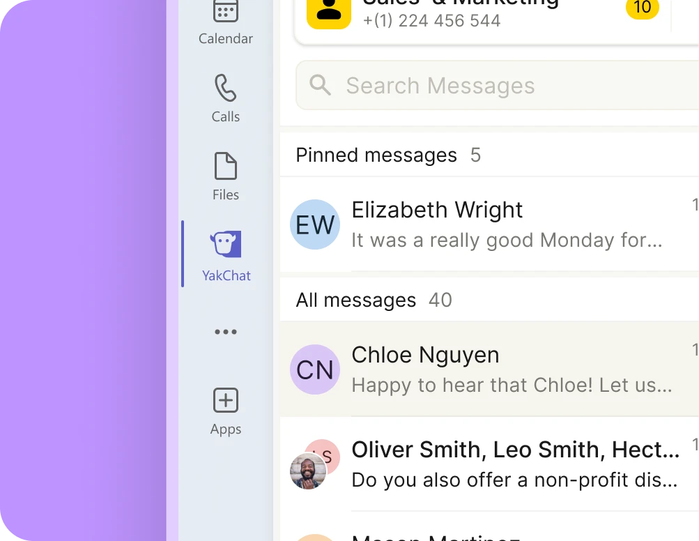YakChat app pinned to the sidebar of Microsoft Teams