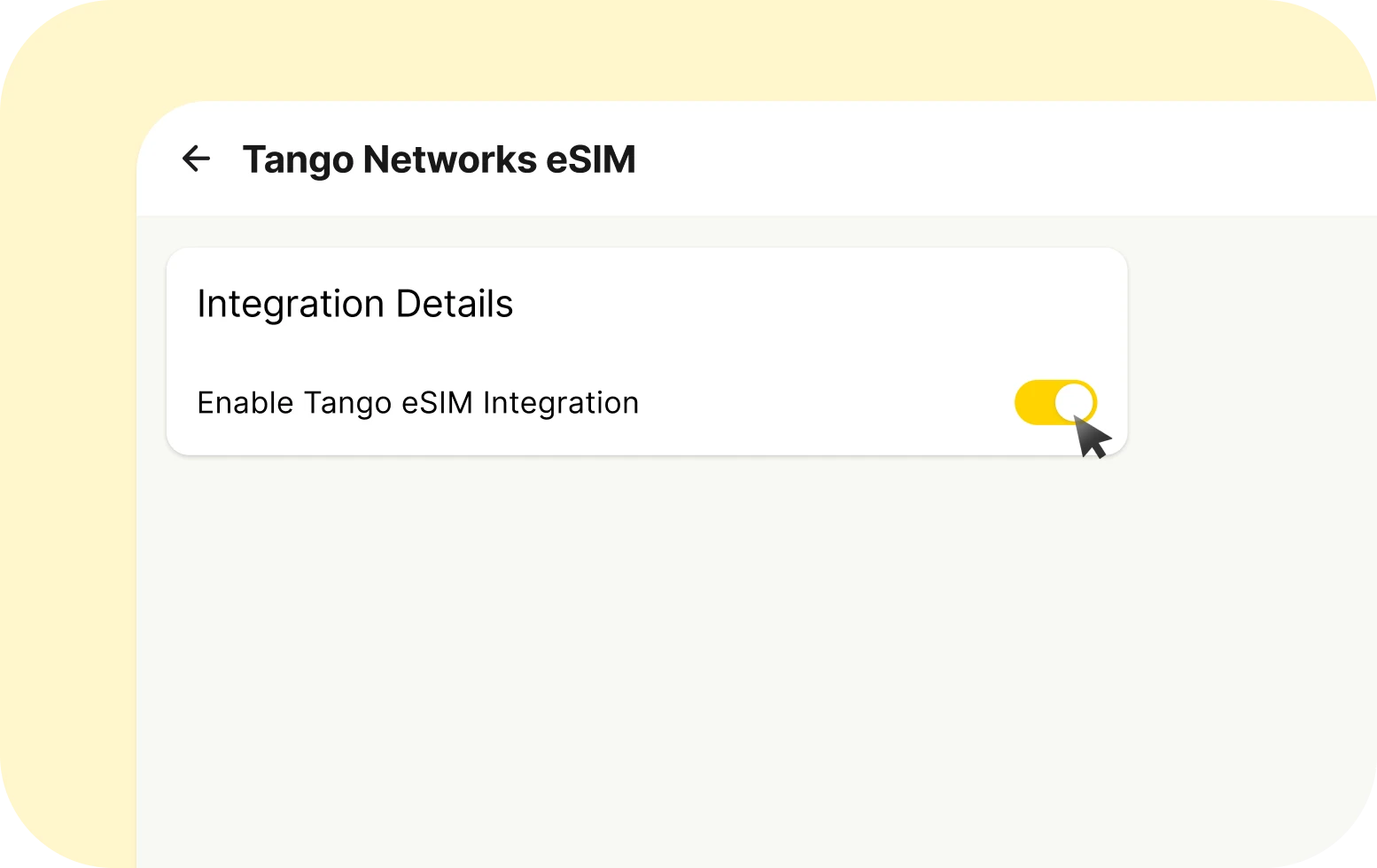 Image showing a toggle and the user is toggling on &quot;Enable Tango eSim integration&quot;