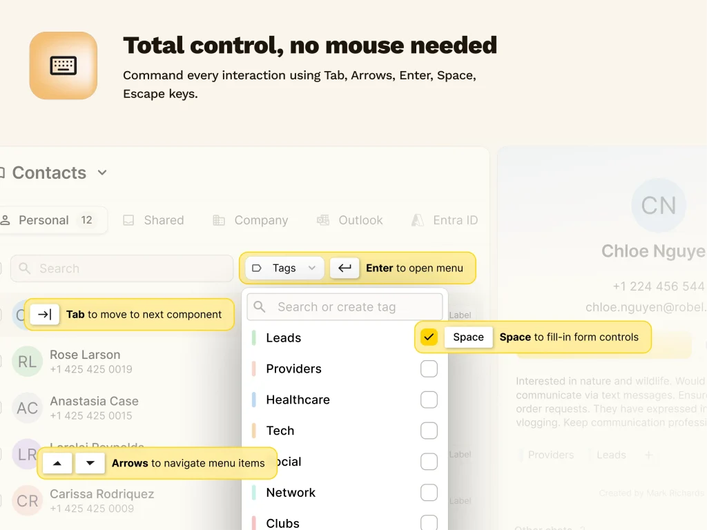 Screenshot of a user interface showing keyboard navigation tips, designed with WCAG 2.1 messaging compliance, including using Tab, Arrows, Enter, Space, and Escape keys to control and fill in menu and form components in a contacts application.