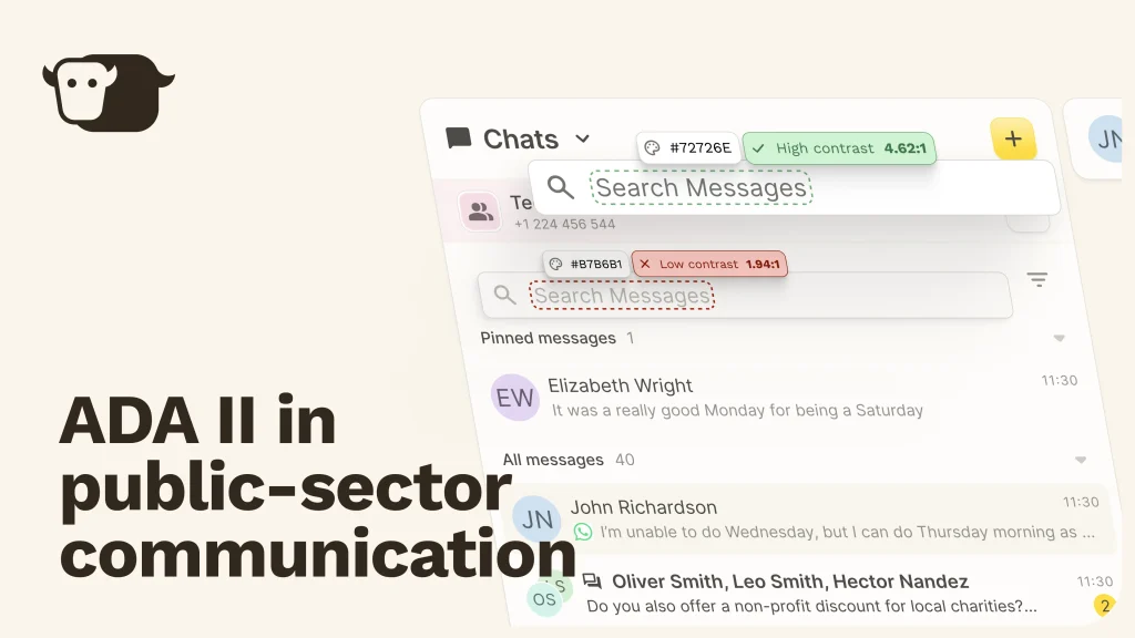 A chat app interface displays accessibility features like high and low contrast color indicators, highlighting ADA in public-sector communication on the left side—a WCAG 2.1 Level AA messaging platform.