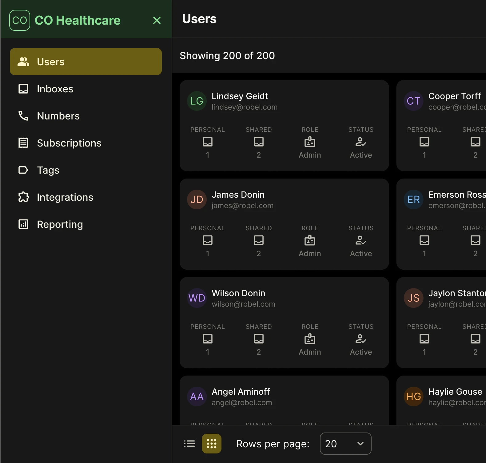 Product image of YakChat admin portal dashboard with company user information