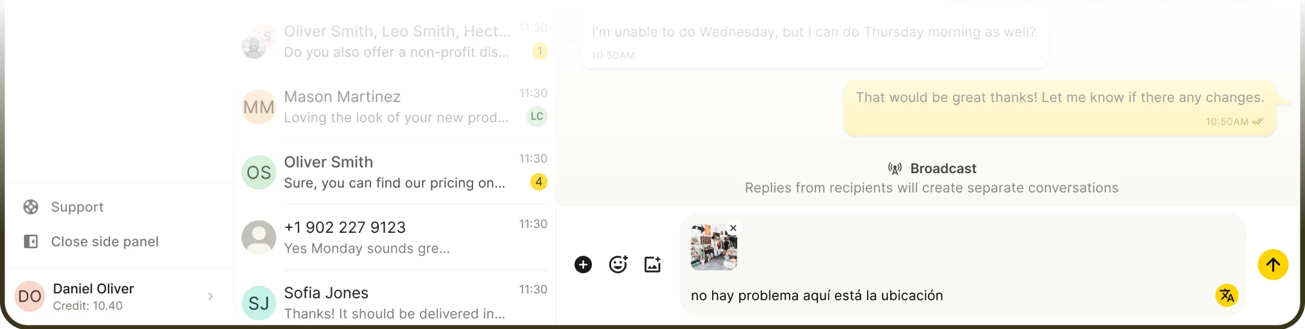 Zoomed in view of application with message translation and image attachments